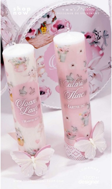 Lumanare botez scurta cu fluturi si print folio silver argintiu Spring Butterfly 1